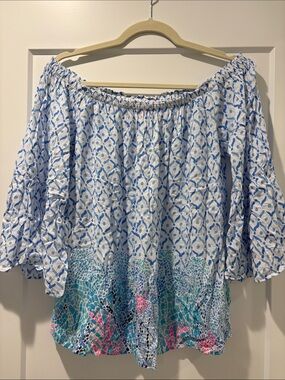Lilly Pulitzer White and Blue Off-Shoulder Printed Top with Aqua & Pink Border